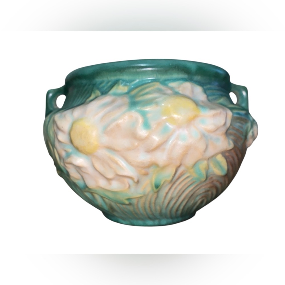 Vintage Roseville Pottery 1940’s Peony Jardiniere 2 Handled Bowl Vase 661 3" USA